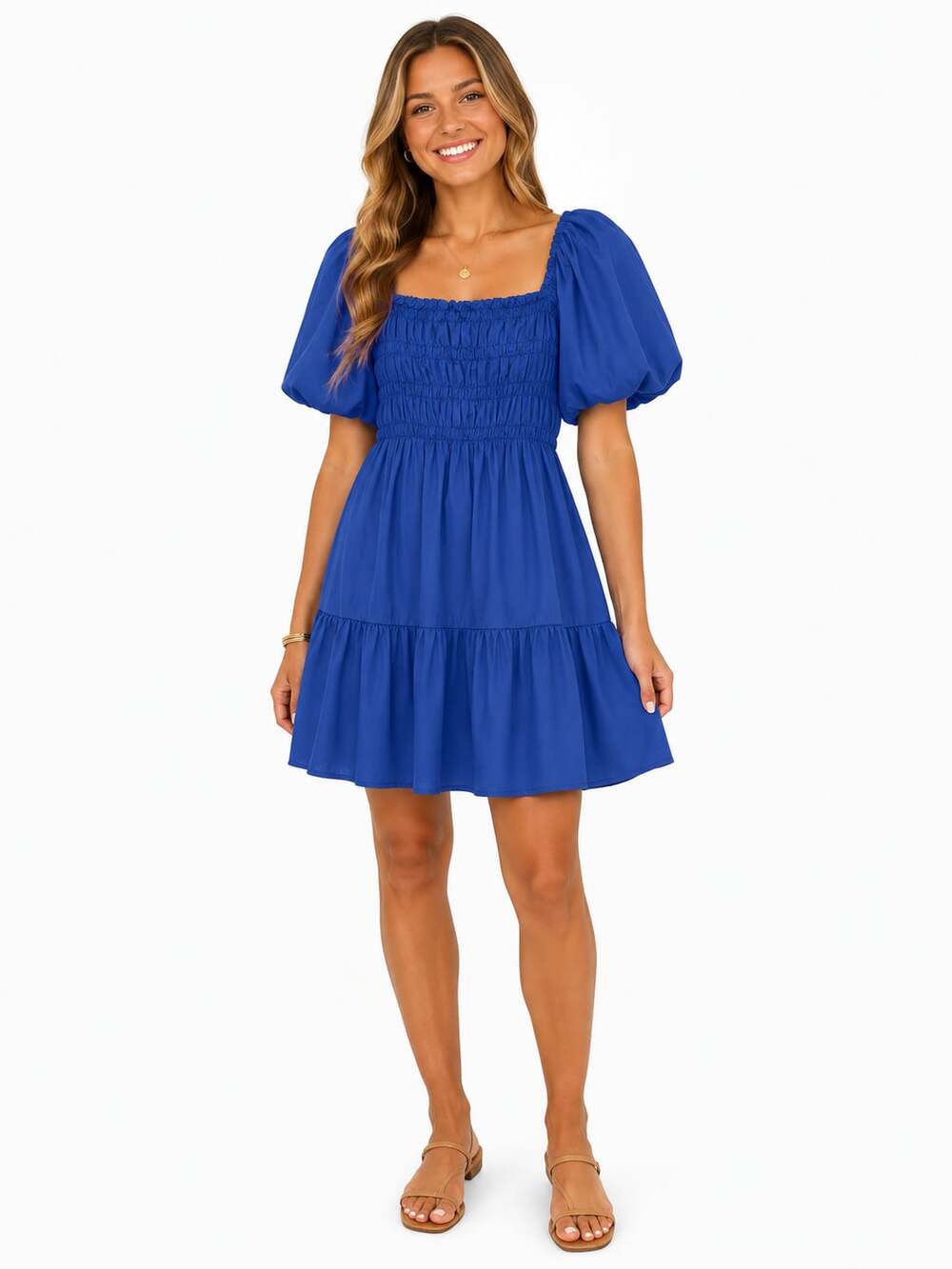 Royal Blue Puff Short Sleeve Smocked Tiered Mini Dress